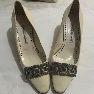 Manolo Blahnik Ivory Heels with Embellished Buckle